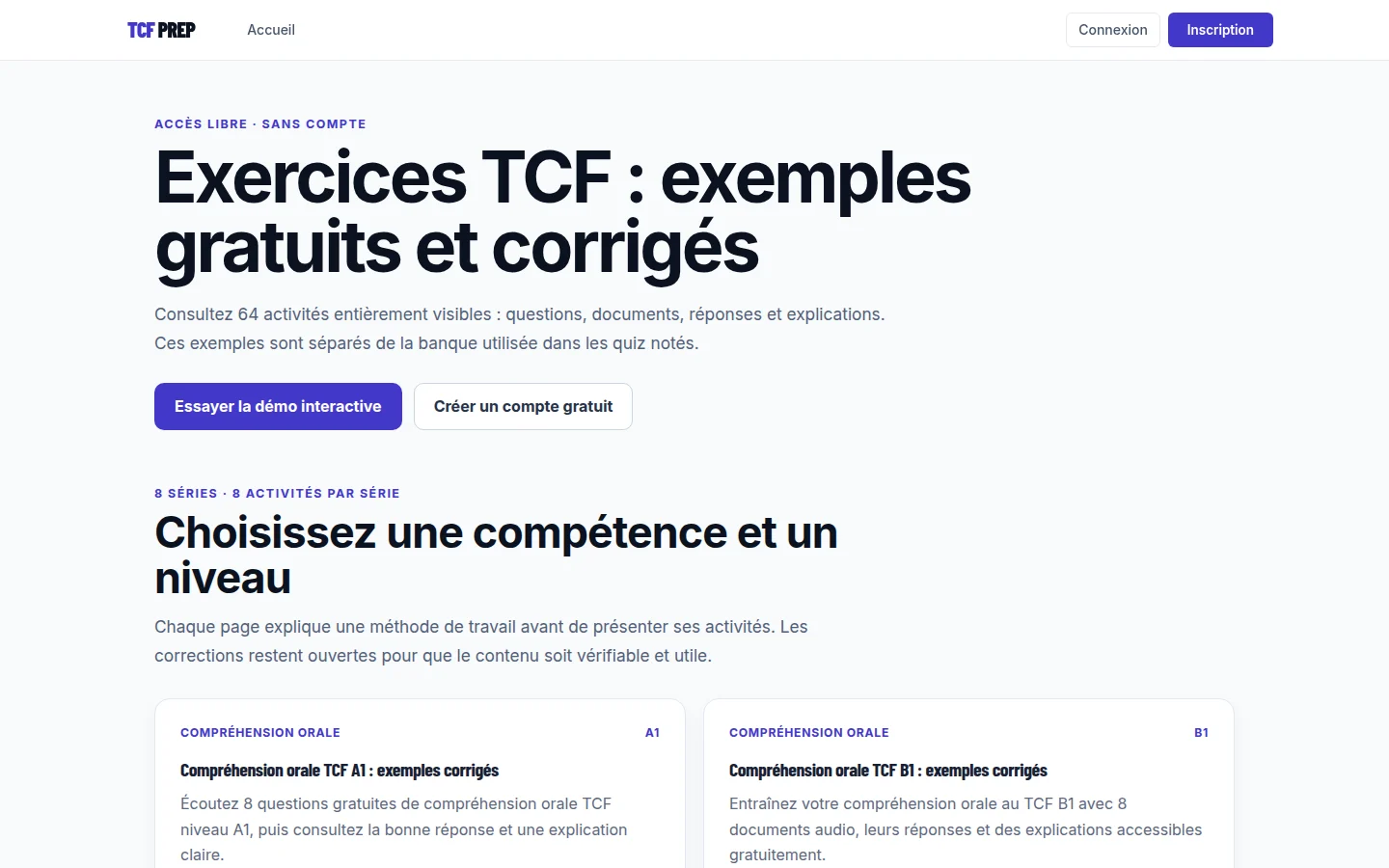 Hub public TCF Prep présentant les séries d’exemples corrigés par compétence et par niveau.