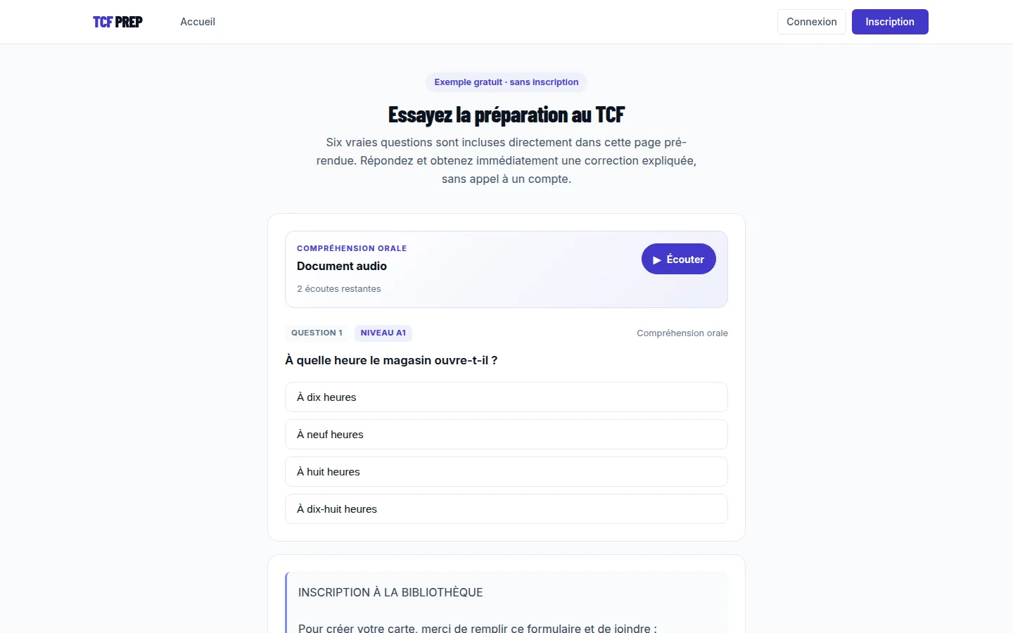 Démo TCF Prep affichant une question de compréhension orale A1 avec lecteur audio et quatre réponses.